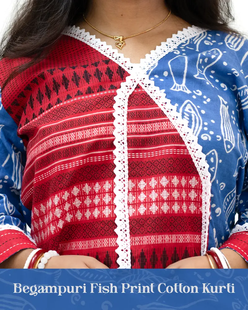 Woman wearing red and blue Begampuri cotton kurti with fish print, mismatch design, lace details, stylish neckline, cuffs, and side pocket – SutiSaaj.