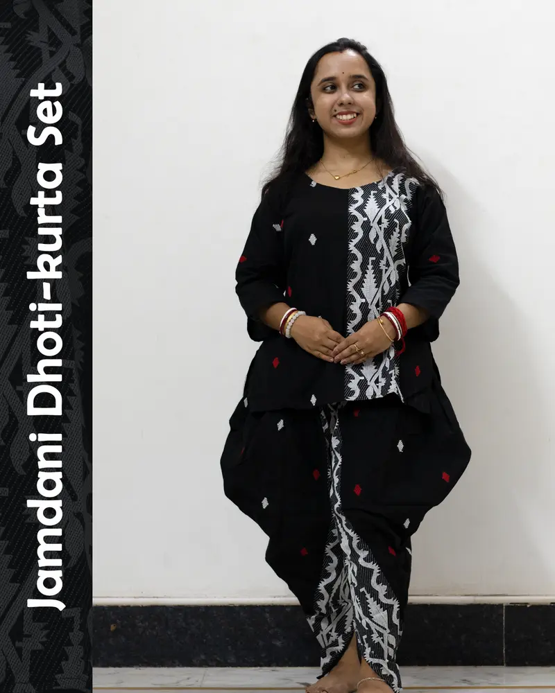 Black Jamdani Dhoti-Kurta Set in pure cotton with handwoven motifs and dhoti-style bottom – festive ethnic wear