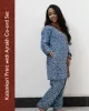 Woman wearing pure cotton Kalamkari print co-ord set with Ajrakh work and Angrakha pattern from SutiSaaj.