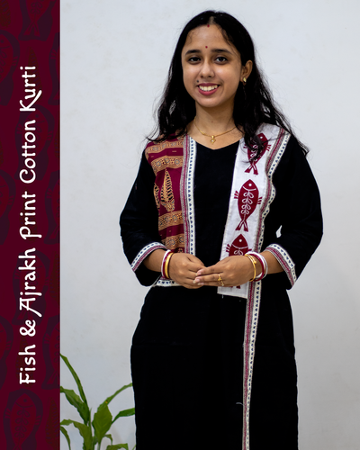 Cotton Kurti with Ajrakh Block and Fish Print Patch Work image