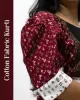 Woman wearing cotton kurti with Malayalam character print, puff sleeves, side pocket, thread work, and hand-painted yoke design – SutiSaaj.