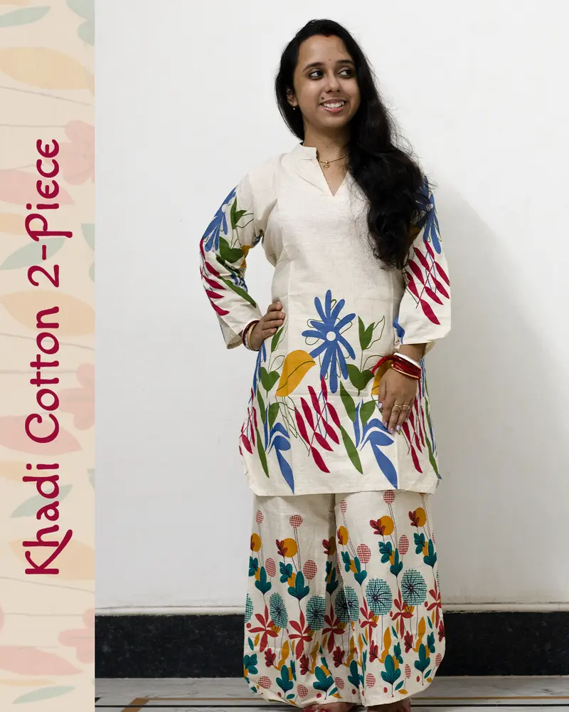Woman wearing khadi cotton floral co-ord set – Indian summer outfit by SutiSaaj