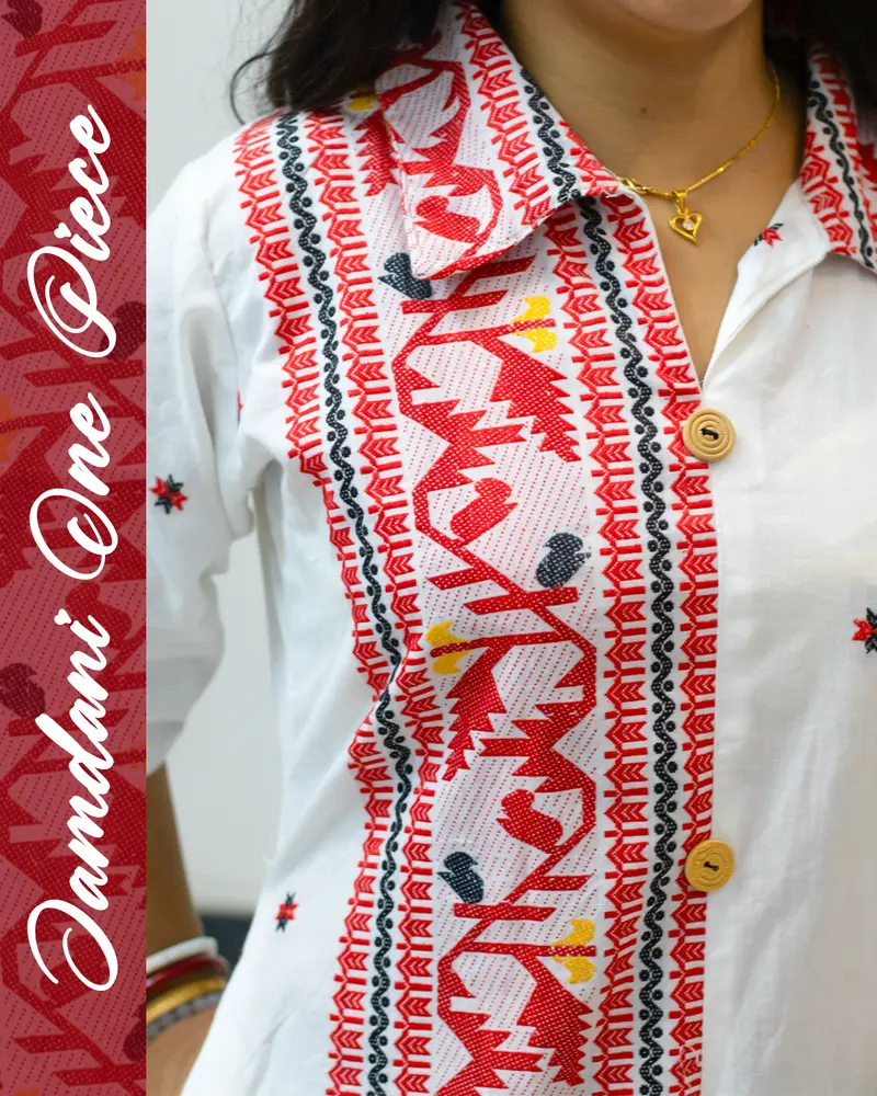 white jamdani one piece dress with red buti work