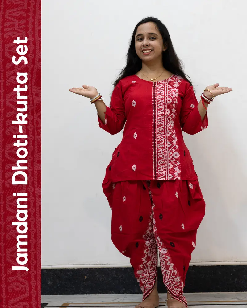 Red Jamdani Dhoti-Kurta Set in pure cotton with handwoven motifs and dhoti-style bottom – festive ethnic wear