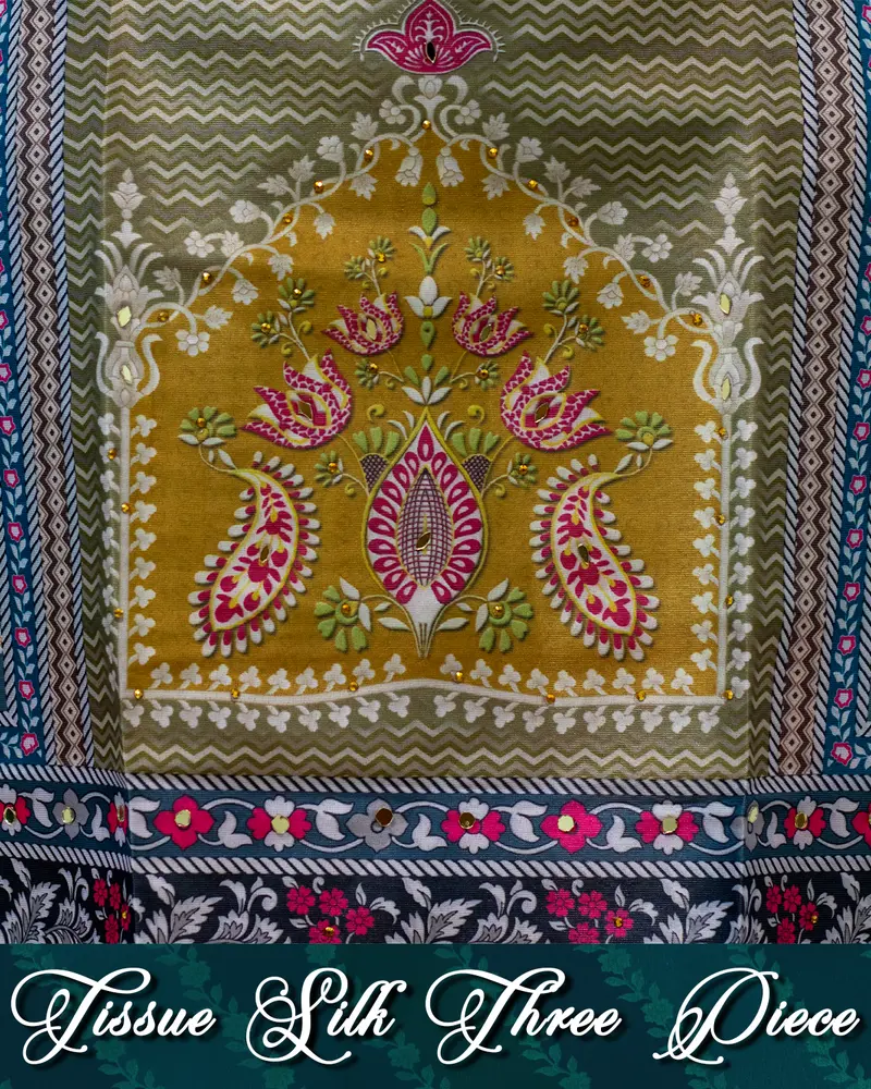 Model wearing Tissue Silk Three Piece Set with mirror work and dupatta