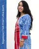 Woman wearing red and blue Begampuri cotton kurti with fish print, mismatch design, lace details, stylish neckline, cuffs, and side pocket – SutiSaaj.