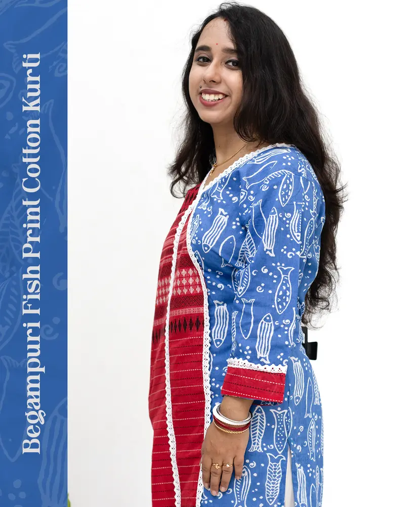 Woman wearing red and blue Begampuri cotton kurti with fish print, mismatch design, lace details, stylish neckline, cuffs, and side pocket – SutiSaaj.