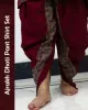 Woman wearing Ajrakh Dhoti Pant Shirt Set with printed shirt and black dhoti pants