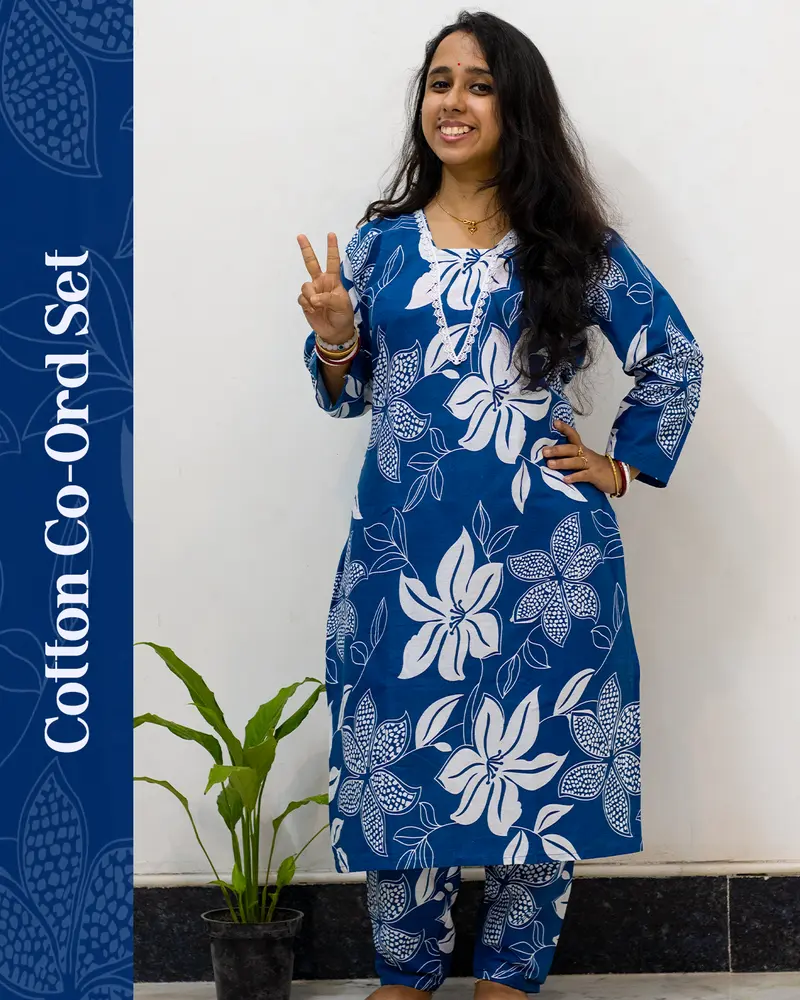 Blue floral pure cotton co-ord set for women with lace v-neck, matching pants, and side pocket – SutiSaaj
