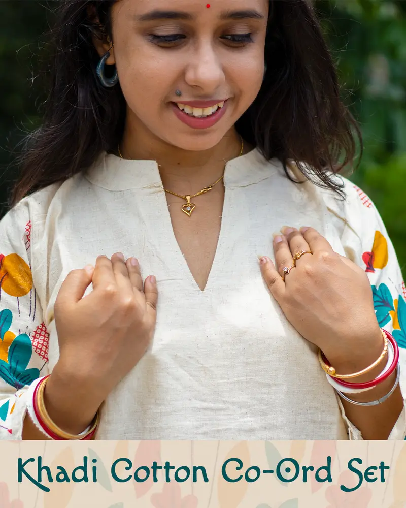Woman wearing khadi cotton floral co-ord set – Indian summer outfit by SutiSaaj