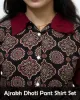 Woman wearing Ajrakh Dhoti Pant Shirt Set with printed shirt and black dhoti pants
