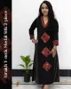 Woman wearing black Ajrakh V-neck 2-piece modal silk kurti with cuff design, side pockets, front panel Ajrakh motifs, and ethnic hand-block print detailing – SutiSaaj.