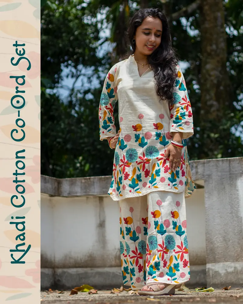 Woman wearing khadi cotton floral co-ord set – Indian summer outfit by SutiSaaj