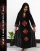 Woman wearing black Ajrakh V-neck 2-piece modal silk kurti with cuff design, side pockets, front panel Ajrakh motifs, and ethnic hand-block print detailing – SutiSaaj.