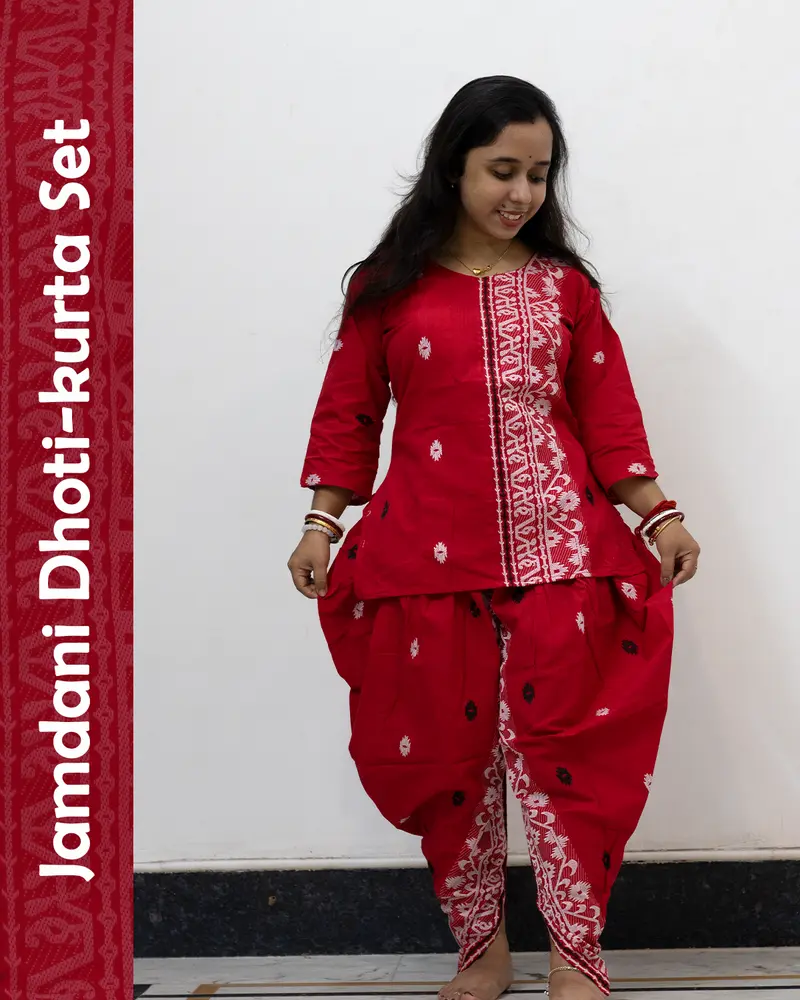 Red Jamdani Dhoti-Kurta Set in pure cotton with handwoven motifs and dhoti-style bottom – festive ethnic wear