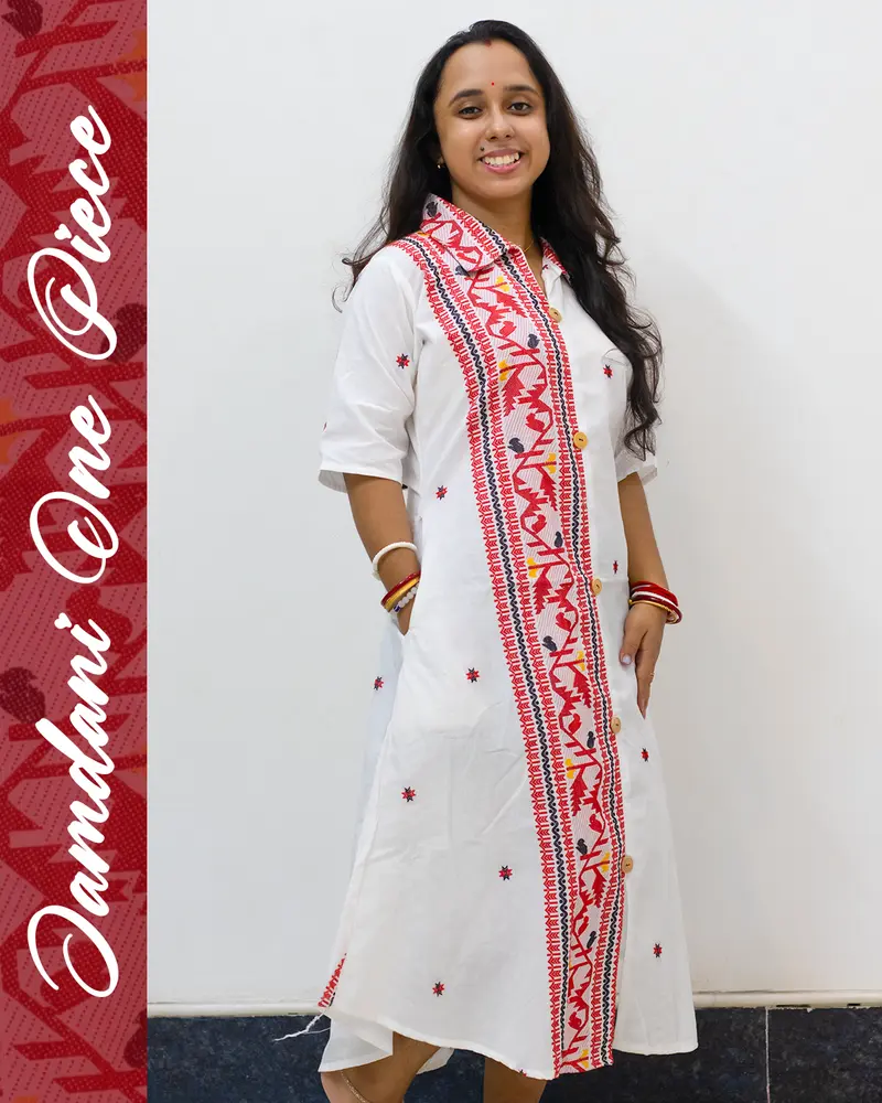 white jamdani one piece dress with red buti work