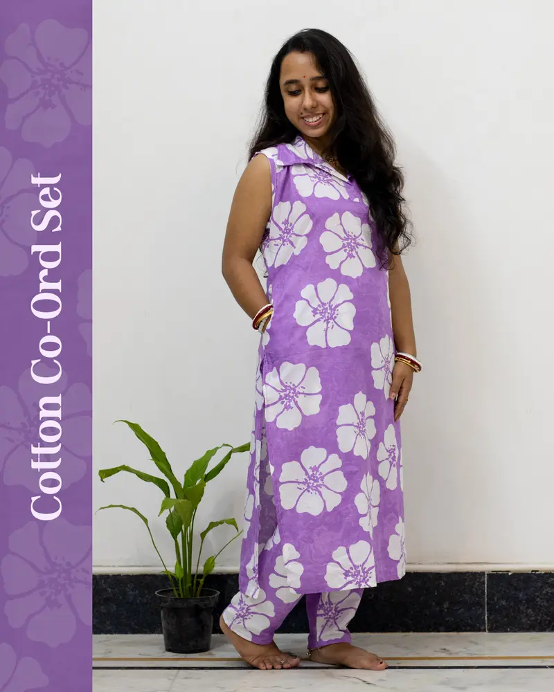 Women’s purple cotton co-ord set styled for office and casual wear – SutiSaaj