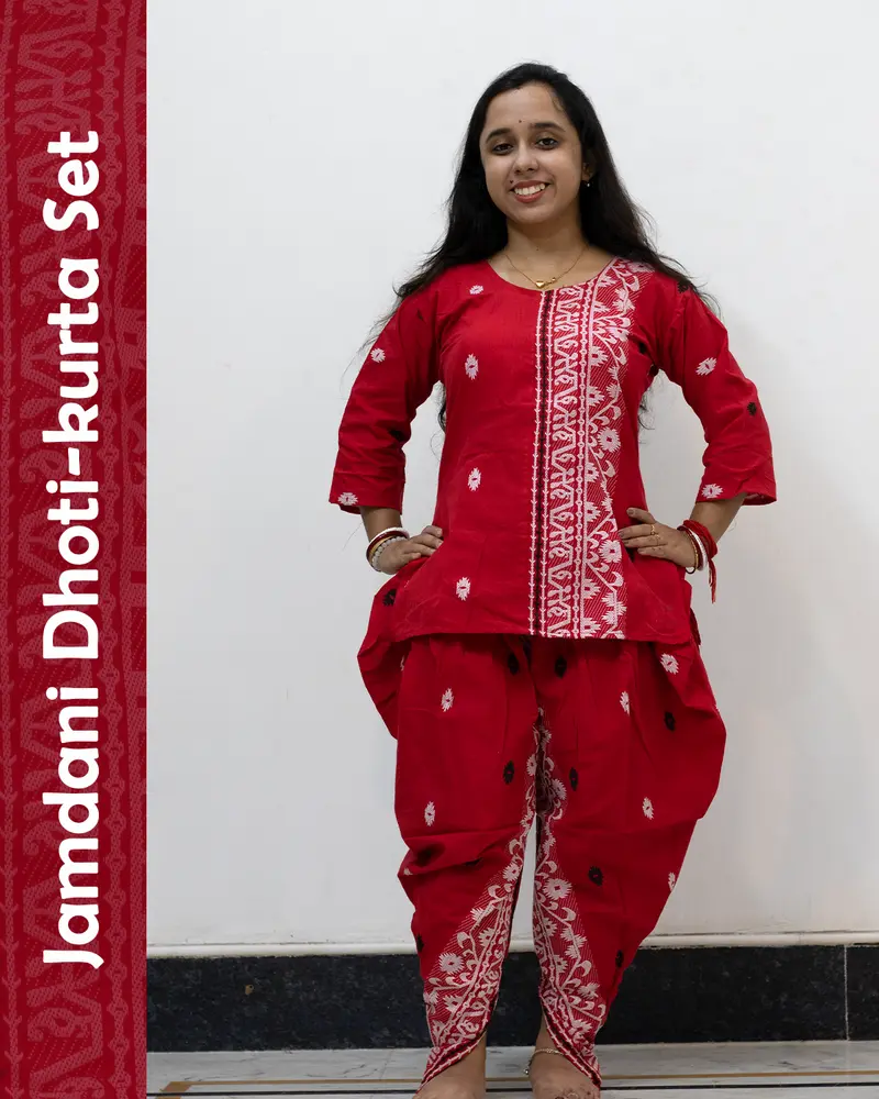 Red Jamdani Dhoti-Kurta Set in pure cotton with handwoven motifs and dhoti-style bottom – festive ethnic wear
