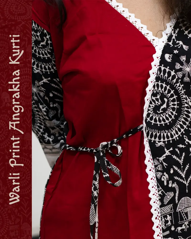 Woman wearing Warli Print Angrakha Kurti with lace detailing and side pockets