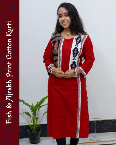 Cotton Kurti with Ajrakh Block and Fish Print Patch Work image