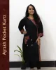 Woman wearing black pure cotton Angrakha kurti with Ajrakh block print, designed cuffs, side pocket, and decorative front buttoned pocket – SutiSaaj.