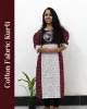 Woman wearing cotton kurti with Malayalam character print, puff sleeves, side pocket, thread work, and hand-painted yoke design – SutiSaaj.