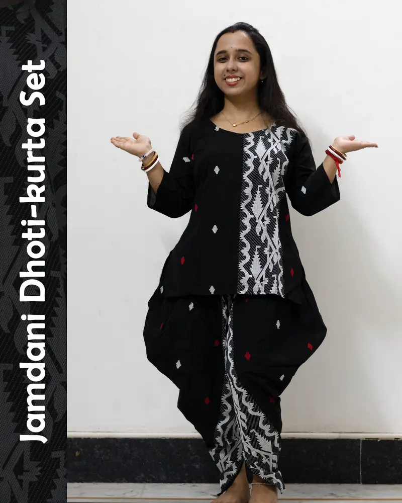 Black Jamdani Dhoti-Kurta Set in pure cotton with handwoven motifs and dhoti-style bottom – festive ethnic wear