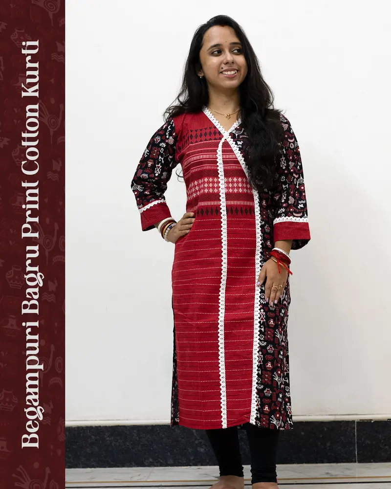 Woman wearing Begampuri Bagru Print Cotton Kurti with lace detailing