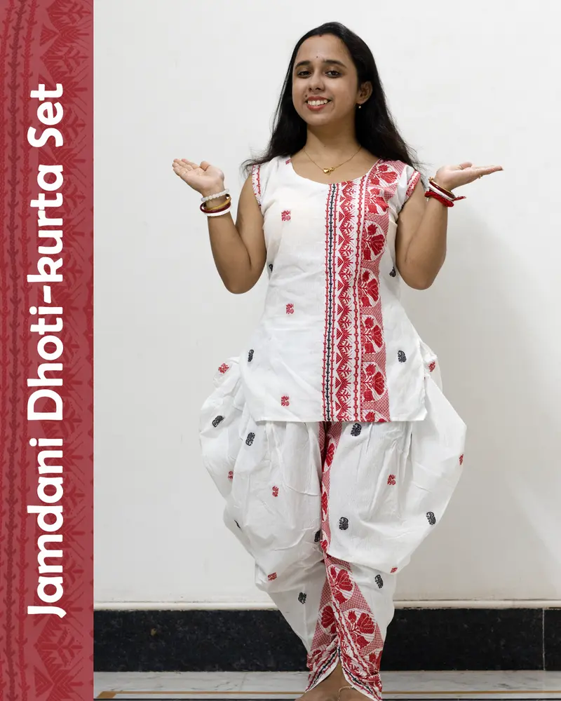 White Jamdani Dhoti-Kurta Set in pure cotton with handwoven motifs and dhoti-style bottom – festive ethnic wear