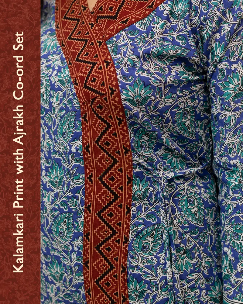 Woman wearing pure cotton Kalamkari print co-ord set with Ajrakh work and Angrakha pattern from SutiSaaj.