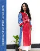 Woman wearing red and blue Begampuri cotton kurti with fish print, mismatch design, lace details, stylish neckline, cuffs, and side pocket – SutiSaaj.