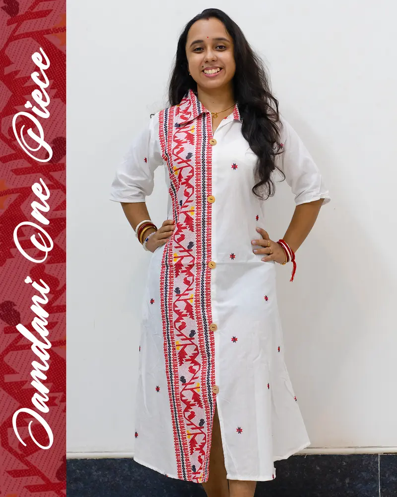 white jamdani one piece dress with red buti work