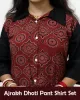 Woman wearing Ajrakh Dhoti Pant Shirt Set with printed shirt and black dhoti pants