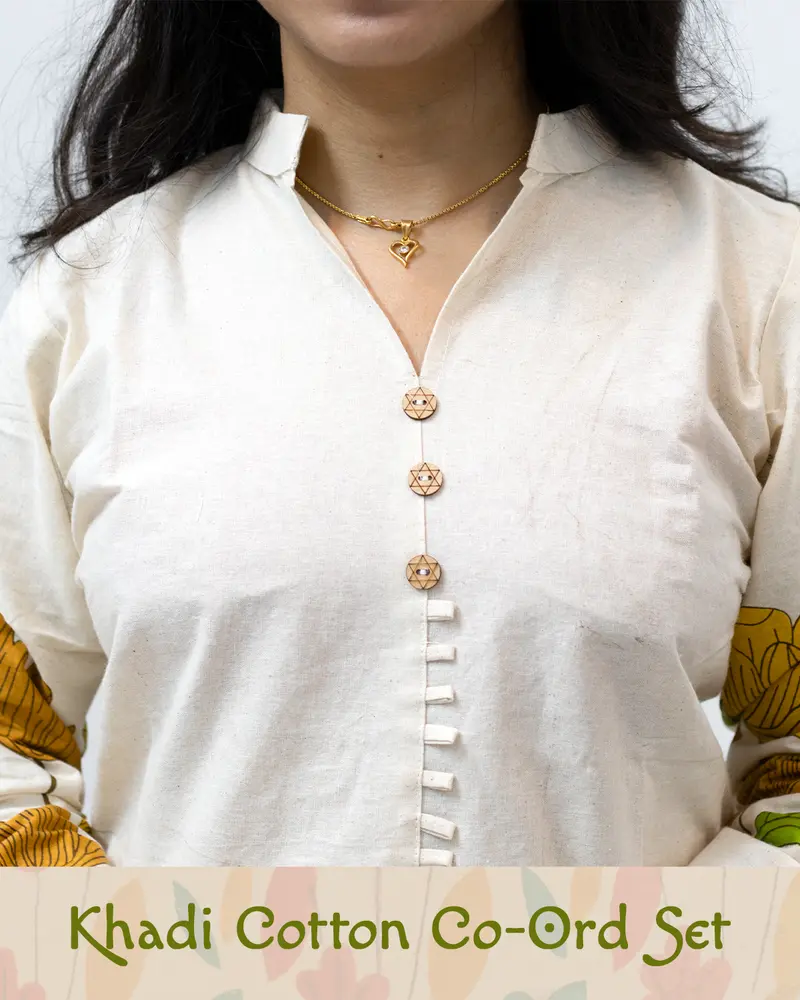 Woman wearing khadi cotton floral co-ord set – Indian summer outfit by SutiSaaj