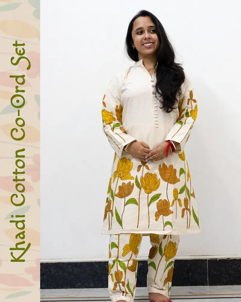 Woman wearing khadi cotton floral co-ord set – Indian summer outfit by SutiSaaj