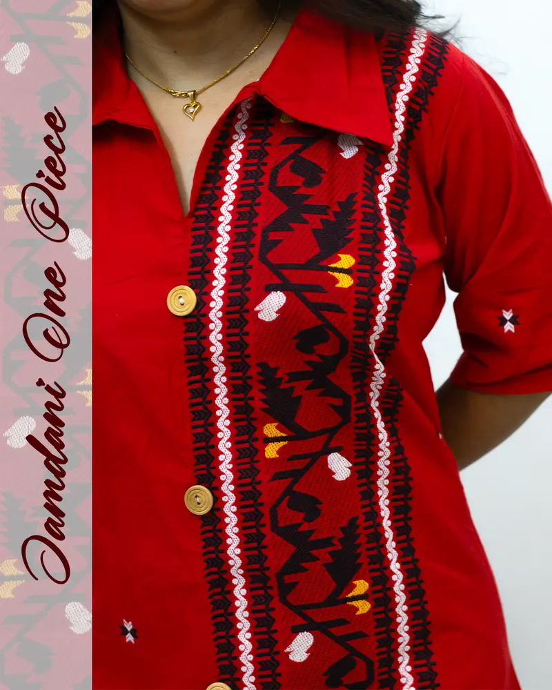 red jamdani one piece dress with black buti work