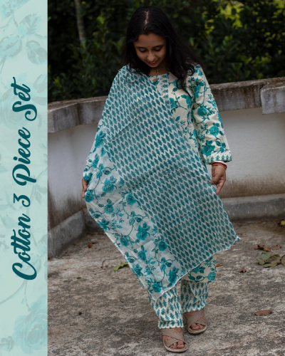 Floral Printed Blue Cotton 3-Piece Suit image