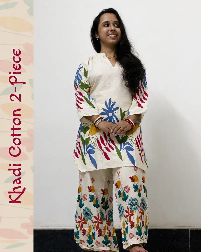 Woman wearing khadi cotton floral co-ord set – Indian summer outfit by SutiSaaj