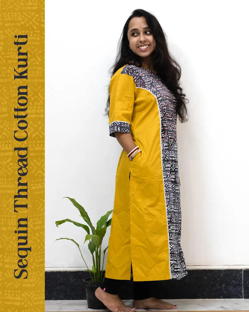Woman wearing pink sequin thread cotton kurti styled for daily elegance