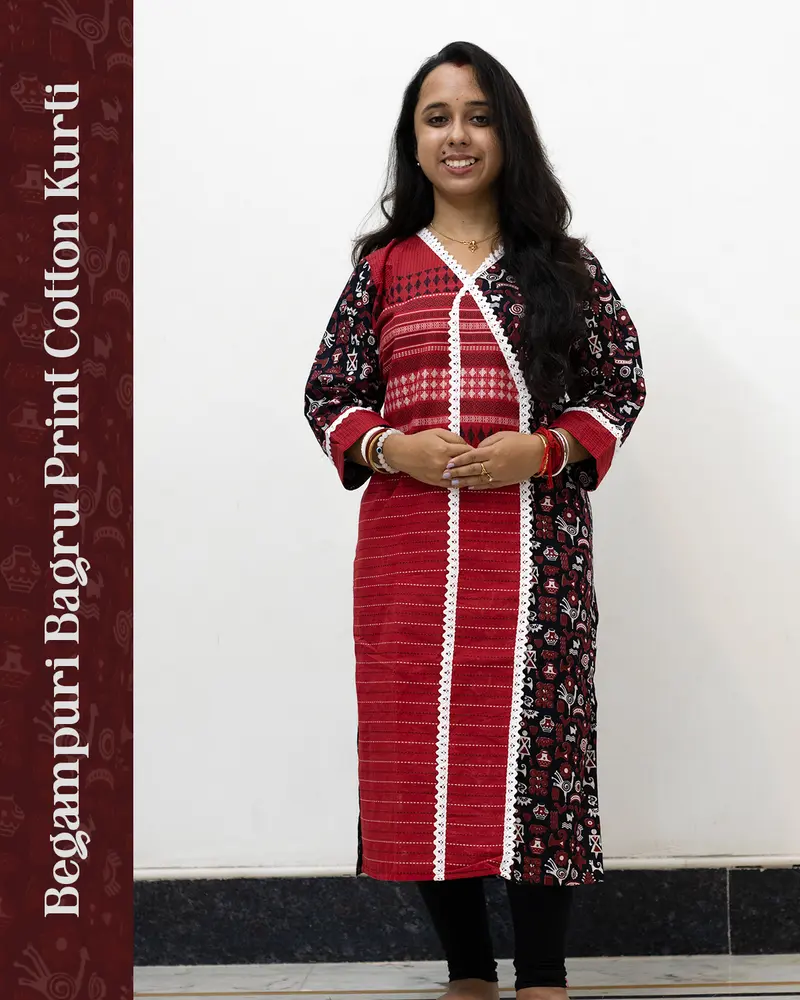 Woman wearing Begampuri Bagru Print Cotton Kurti with lace detailing