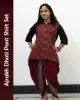 Woman wearing Ajrakh Dhoti Pant Shirt Set with printed shirt and black dhoti pants