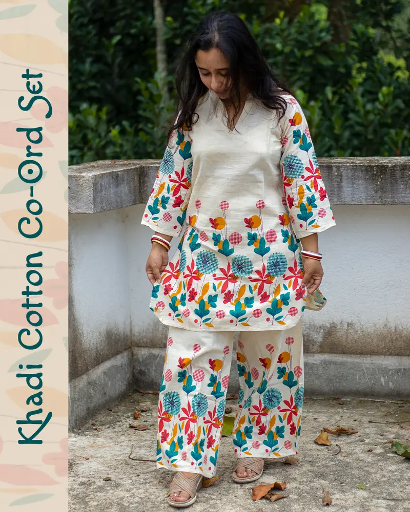 Woman wearing khadi cotton floral co-ord set – Indian summer outfit by SutiSaaj