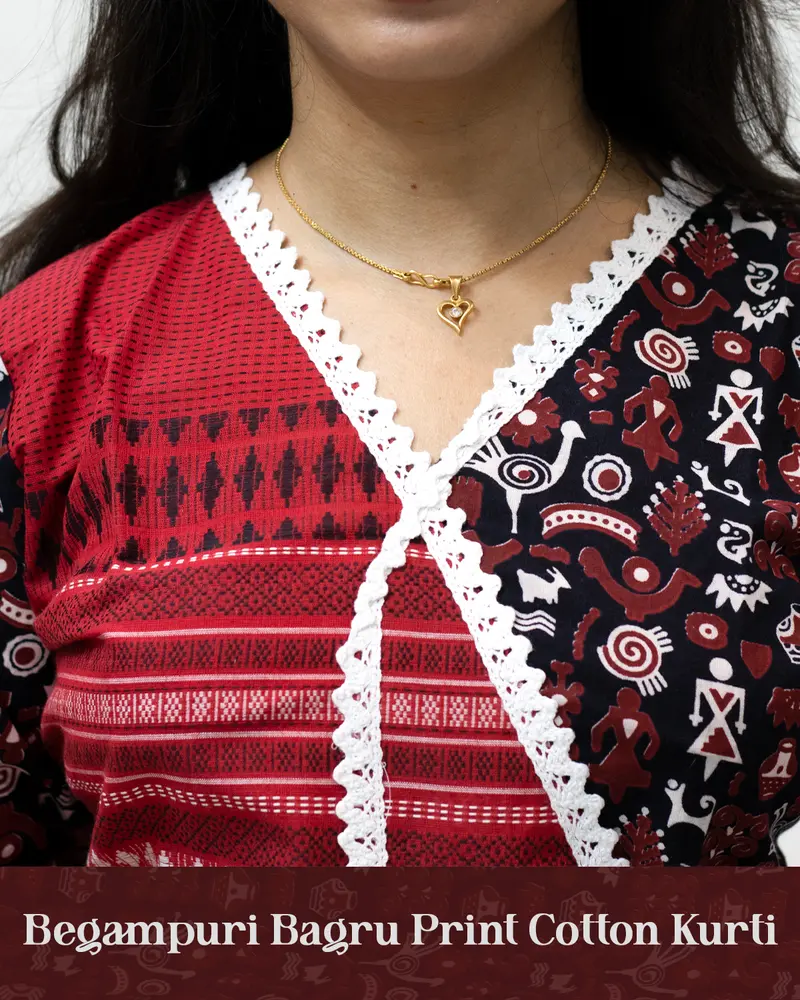 Woman wearing Begampuri Bagru Print Cotton Kurti with lace detailing