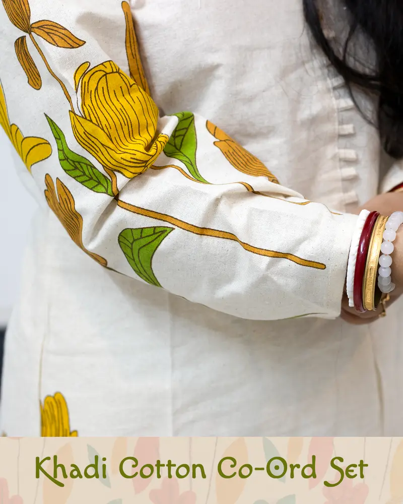 Woman wearing khadi cotton floral co-ord set – Indian summer outfit by SutiSaaj