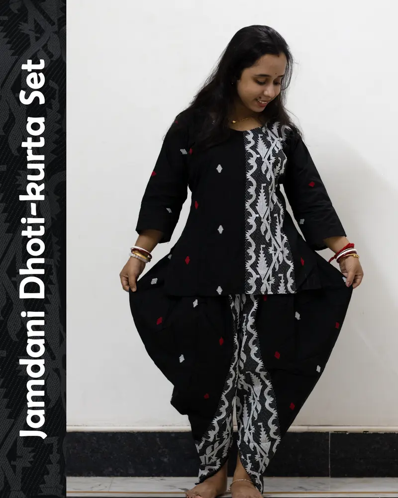 Black Jamdani Dhoti-Kurta Set in pure cotton with handwoven motifs and dhoti-style bottom – festive ethnic wear