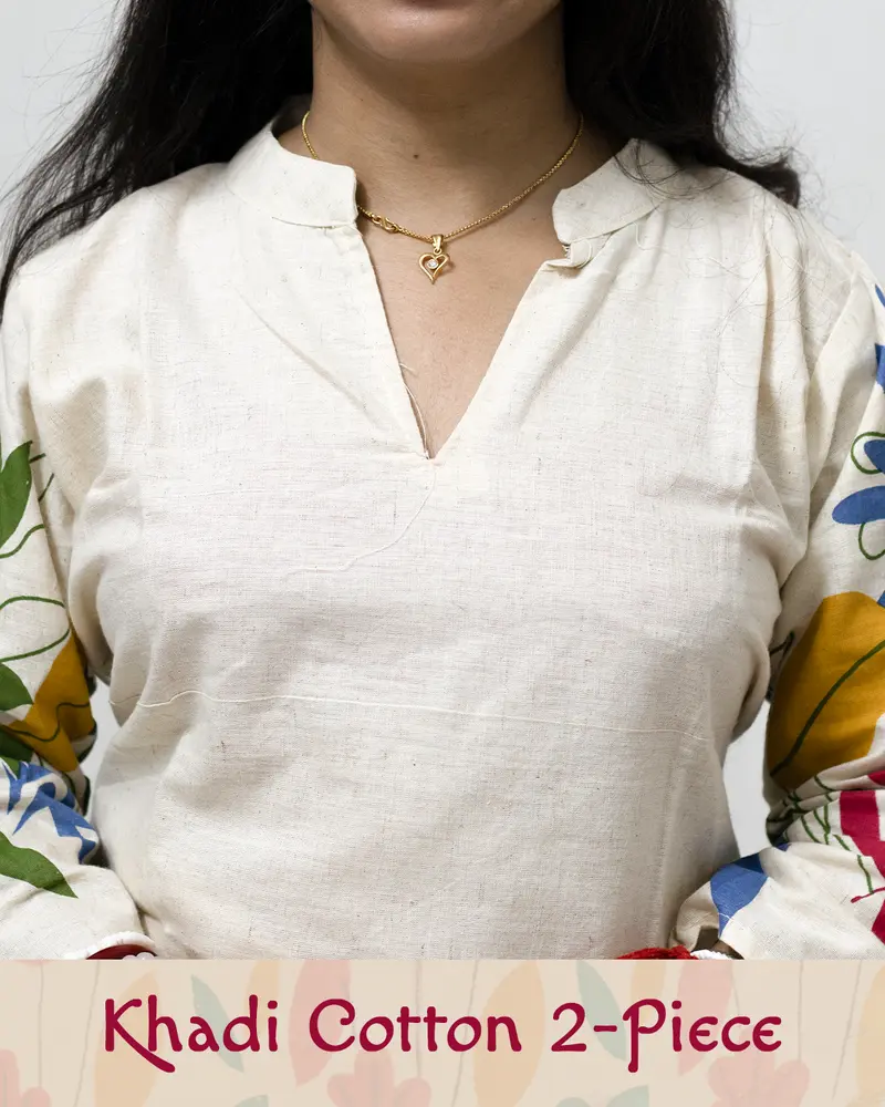 Woman wearing khadi cotton floral co-ord set – Indian summer outfit by SutiSaaj