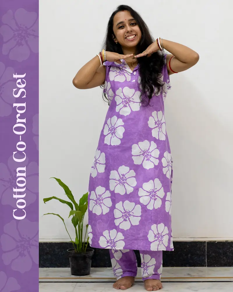 Women’s purple cotton co-ord set styled for office and casual wear – SutiSaaj