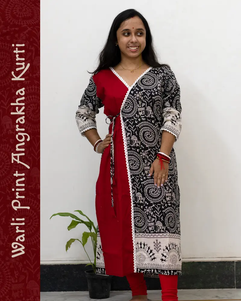 Woman wearing Warli Print Angrakha Kurti with lace detailing and side pockets