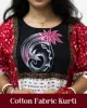 Woman wearing cotton kurti with Malayalam character print, puff sleeves, side pocket, thread work, and hand-painted yoke design – SutiSaaj.