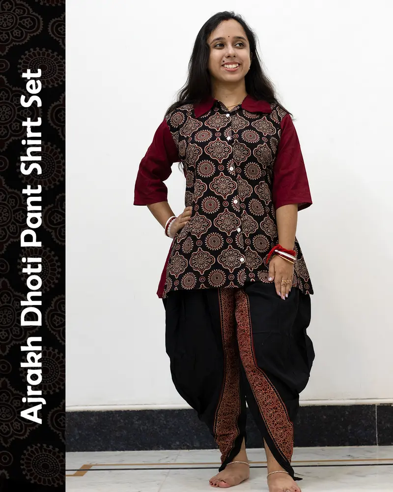 Woman wearing Ajrakh Dhoti Pant Shirt Set with printed shirt and black dhoti pants